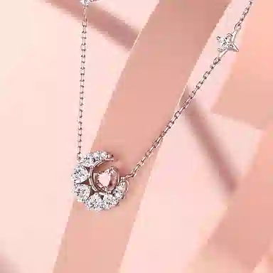 【S925银纯银 梦幻心月】 福韵金 六桂福 月亮粉色爱心轻奢精致高级简约甜美温柔闪耀恋爱告白百搭 银 项链 女款
