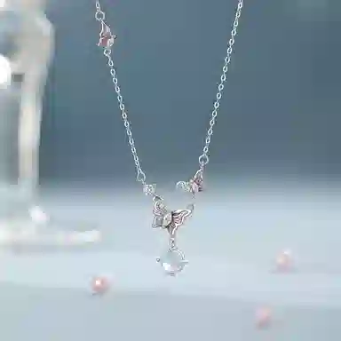 【S9999足银 蝶舞玫香】 福韵金 六桂福 蝴蝶粉色轻奢精致高级森系清新温柔少女心日常约会甜蜜告白百搭锁骨链好运 纯银 项链 女款