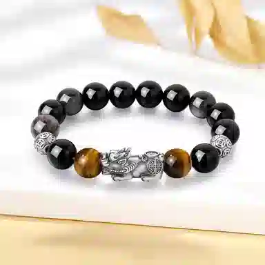 【999足银纯银 财源广进】 福韵金 六桂福 招财貔貅吞金兽新中式国潮复古招财纳福转运珠#好运合成/人造 黑曜石 手串 男女同款情侣款