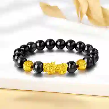 【S999足银纯银】 福韵金 六桂福 新中式招财纳福吞金兽国潮复古风平安顺遂步步高升八方来财转运珠时尚高级好运 黑曜石 手串 男款