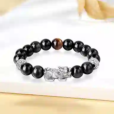 【S999足银纯银】 福韵金 六桂福  新中式招财纳福吞金兽国潮复古风八方来财平安顺遂转运珠时尚高级好运 黑曜石 手串 男款