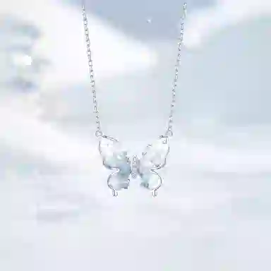 【999足银纯银 冰屿蝴蝶/浪漫卡片】 福韵金 接住财运的蝴蝶好运福蝶渐变蓝轻奢精致灵动浪漫闪耀简约百搭 白水晶 项链 女款