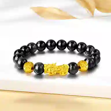 【S999足银纯银】 福韵金 六桂福 新中式招财纳福吞金兽国潮复古风平安顺遂步步高升八方来财转运珠时尚高级好运 黑曜石 手串 男款