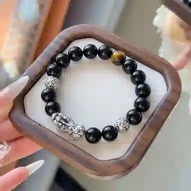 【S999足银纯银】 福韵金 六桂福  新中式招财纳福吞金兽国潮复古风八方来财平安顺遂转运珠时尚高级好运 黑曜石 手串 男款