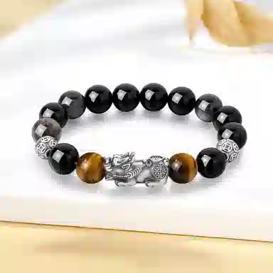 【999足银纯银 财源广进】 福韵金 六桂福 招财貔貅吞金兽新中式国潮复古招财纳福转运珠#好运合成/人造 黑曜石 手串 男女同款情侣款