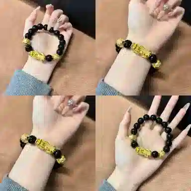 【S999足银纯银】 福韵金 六桂福 新中式招财纳福吞金兽国潮复古风平安顺遂步步高升八方来财转运珠时尚高级好运 黑曜石 手串 男款