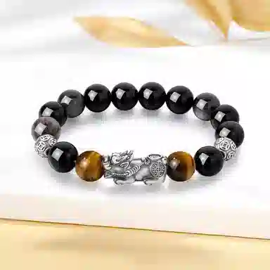 【999足银纯银 财源广进】 福韵金 六桂福 招财貔貅吞金兽新中式国潮复古招财纳福转运珠#好运合成/人造 黑曜石 手串 男女同款情侣款