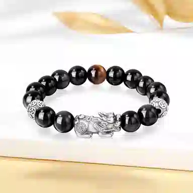 【S999足银纯银】 福韵金 六桂福  新中式招财纳福吞金兽国潮复古风八方来财平安顺遂转运珠时尚高级好运 黑曜石 手串 男款