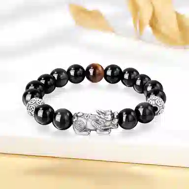 【S999足银纯银】 福韵金 六桂福  新中式招财纳福吞金兽国潮复古风八方来财平安顺遂转运珠时尚高级好运 黑曜石 手串 男款