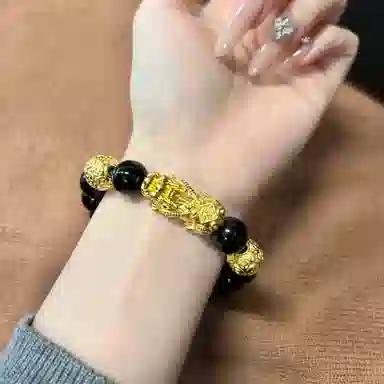 【S999足银纯银】 福韵金 六桂福 新中式招财纳福吞金兽国潮复古风平安顺遂步步高升八方来财转运珠时尚高级好运 黑曜石 手串 男款