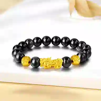 【S999足银纯银】 福韵金 六桂福 新中式招财纳福吞金兽国潮复古风平安顺遂步步高升八方来财转运珠时尚高级好运 黑曜石 手串 男款