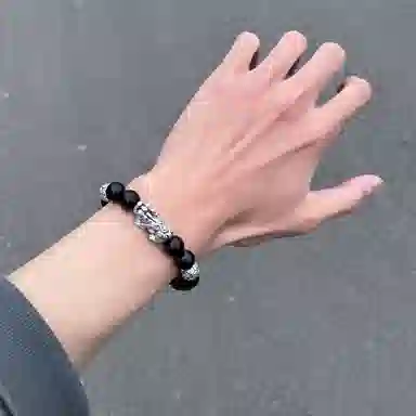 【S999足银纯银】 福韵金 六桂福  新中式招财纳福吞金兽国潮复古风八方来财平安顺遂转运珠时尚高级好运 黑曜石 手串 男款