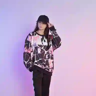 FireMonkey Hand-Painted Cartoon Letter Print Sweatshirt Black