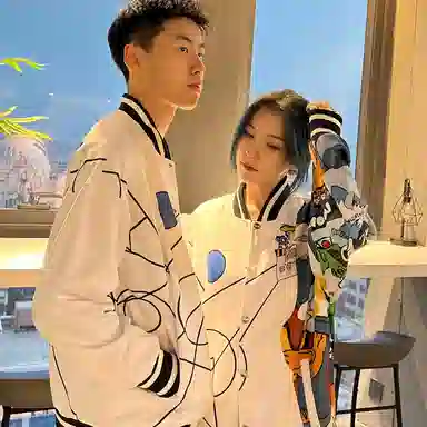 FireMonkey Geometric Cartoon Print Baseball Jacket White