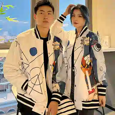 FireMonkey Geometric Cartoon Print Baseball Jacket White