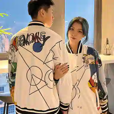 FireMonkey Geometric Cartoon Print Baseball Jacket White