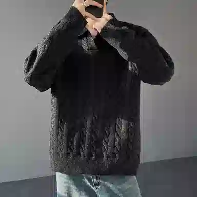 悍戈 美式韩系复古慵懒风纯色麻花翻领宽松百搭面料舒适可内搭外穿适合通勤休闲等多种场景针织衫 男女同款