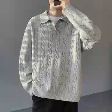 悍戈 美式韩系复古慵懒风纯色麻花翻领宽松百搭面料舒适可内搭外穿适合通勤休闲等多种场景针织衫 男女同款