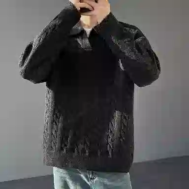 悍戈 美式韩系复古慵懒风纯色麻花翻领宽松百搭面料舒适可内搭外穿适合通勤休闲等多种场景针织衫 男女同款