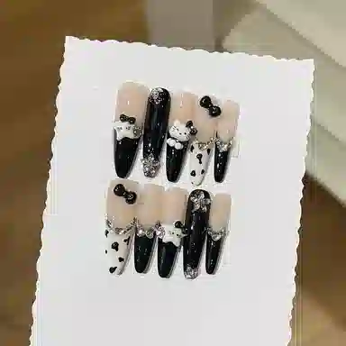 爱鼎琪 暗黑猫咪手工美甲豹纹显白甜酷可爱卡通可拆卸指甲贴  穿戴甲 长款黑白纯色 法式