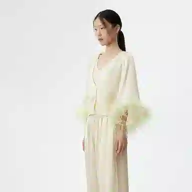 桑罗  新品真丝羽毛睡衣家居套装秋冬可外穿家居服婚礼晨袍节日送礼年终战袍 女