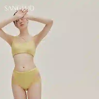 桑罗 无钢圈真丝文胸弹力不对称内裤内衣裤套装 女款 芥末黄