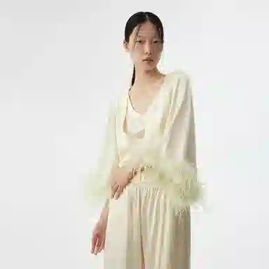 桑罗  新品真丝羽毛睡衣家居套装秋冬可外穿家居服婚礼晨袍节日送礼年终战袍 女