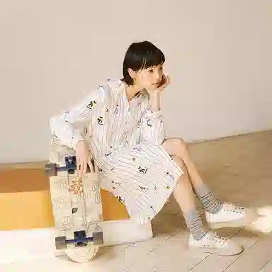 桑罗 卡通童趣印花俏皮衬衫裙桑蚕丝宽松显瘦家居服可外穿长袖睡裙 女款