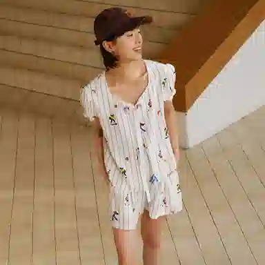 桑罗 条纹真丝短袖睡衣套装女童趣印花家居服可外穿内衣 女款