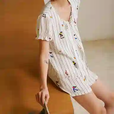 桑罗 条纹真丝短袖睡衣套装女童趣印花家居服可外穿内衣 女款