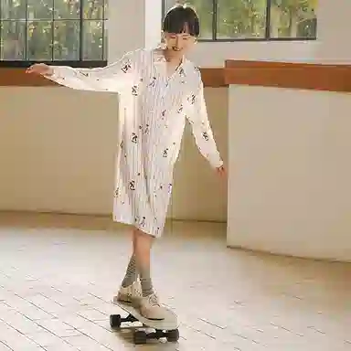 桑罗 卡通童趣印花俏皮衬衫裙桑蚕丝宽松显瘦家居服可外穿长袖睡裙 女款