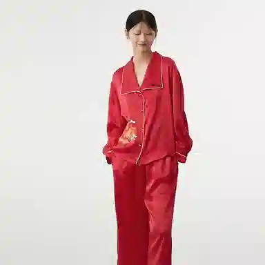 桑罗  真丝睡衣家居套装新中式新年本命年红红色睡衣 翻领 正红家居服 女款新年新衣新年战袍