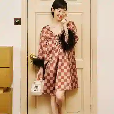 桑罗 复古睡衣格纹羽毛舒适可外穿七分袖家居服睡裙 女款
