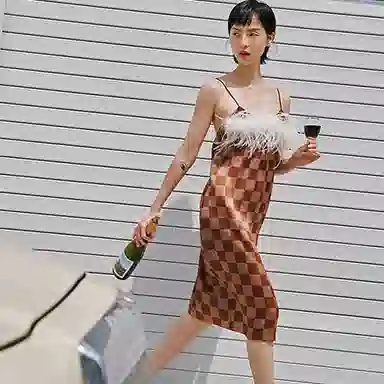 桑罗 方格摩登时尚吊带裙复古英伦格纹可外穿桑蚕丝裙无袖睡裙 女款