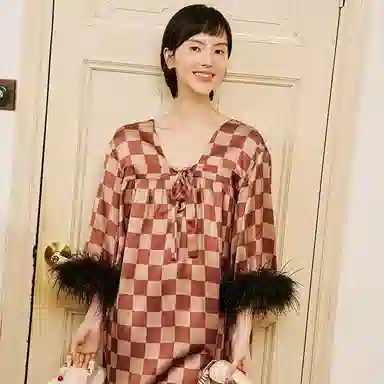 桑罗 复古睡衣格纹羽毛舒适可外穿七分袖家居服睡裙 女款