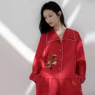 桑罗  真丝睡衣家居套装新中式新年本命年红红色睡衣 翻领 正红家居服 女款新年新衣新年战袍