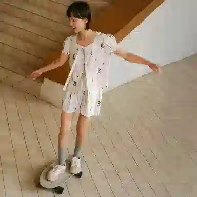 桑罗 条纹真丝短袖睡衣套装女童趣印花家居服可外穿内衣 女款