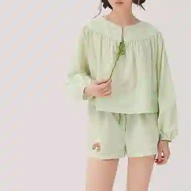 桑罗 亲肤休闲长袖舒适透气短裤睡衣套装 女款 青玉石