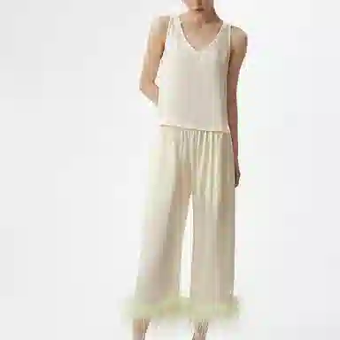 桑罗  新品真丝羽毛睡衣家居套装秋冬可外穿家居服婚礼晨袍节日送礼年终战袍 女