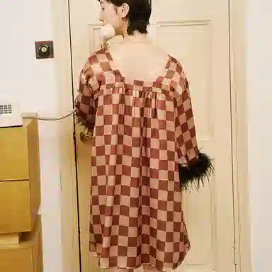 桑罗 复古睡衣格纹羽毛舒适可外穿七分袖家居服睡裙 女款