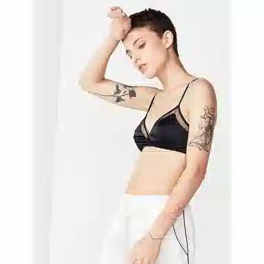 桑罗 秋冬新品纯色网眼拼接无钢圈文胸 黑色 女