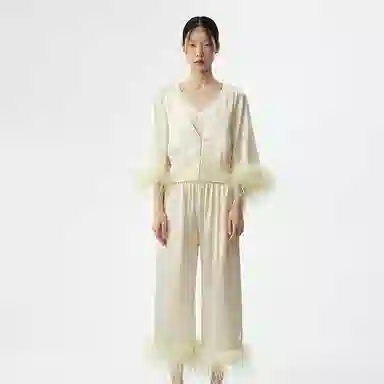 桑罗  新品真丝羽毛睡衣家居套装秋冬可外穿家居服婚礼晨袍节日送礼年终战袍 女