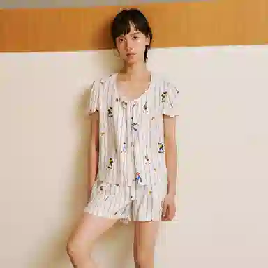 桑罗 条纹真丝短袖睡衣套装女童趣印花家居服可外穿内衣 女款