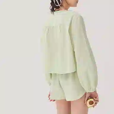 桑罗 亲肤休闲长袖舒适透气短裤睡衣套装 女款 青玉石