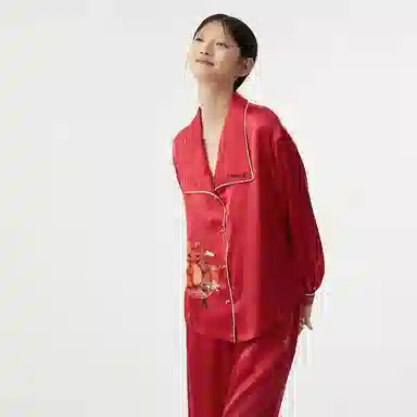 桑罗  真丝睡衣家居套装新中式新年本命年红红色睡衣 翻领 正红家居服 女款新年新衣新年战袍