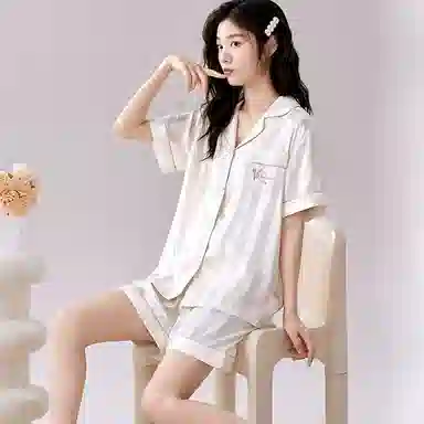 恒源祥 简约翻领上衣松紧腰短裤睡衣套装 女款 米白色