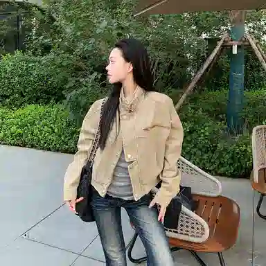 桴生 美式特调工装风早秋立领短款显瘦夹克 女款