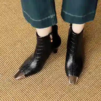 hankermeet Croc Embossed Square Toe Ankle Boots 7CM