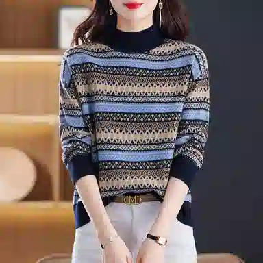袋鼠 舒适柔软复古条纹印花百搭减龄半高领羊毛针织衫 女款