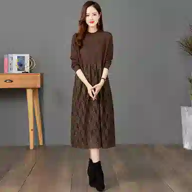 袋鼠 蕾丝拼接针织打底时尚长裙长袖连衣裙 女款